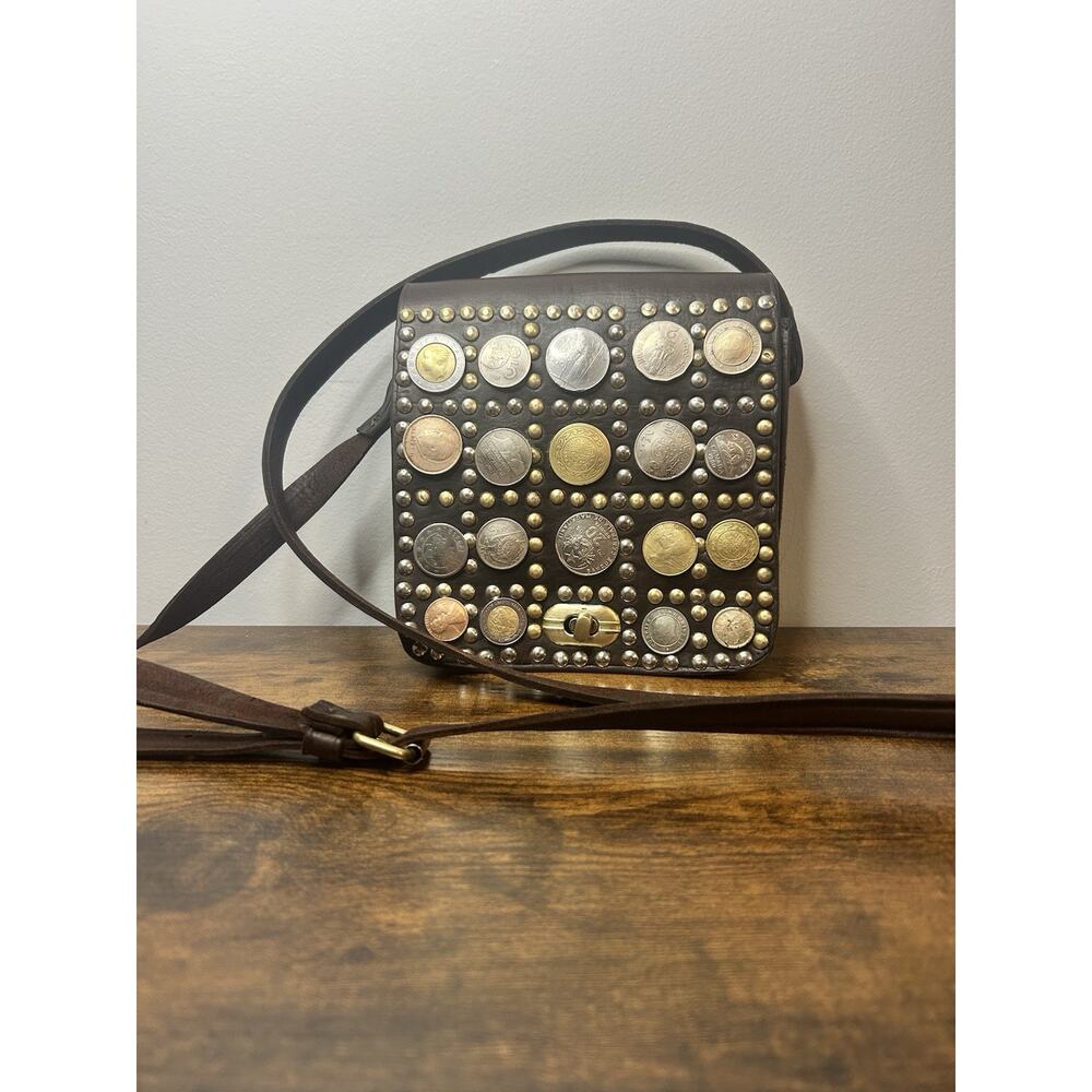 Vintage Moroccan Leather Crossbody Bag w/ Coins & Studs Boho Water Man Style